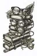 stack of books with pair of glasses in a ray of light tattoo design idea