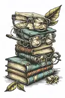 stack of books with pair of glasses in a ray of light tattoo design idea