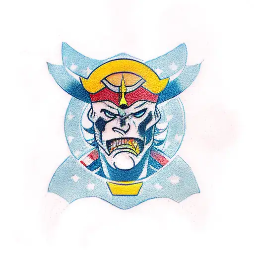 A traditional tattoo design of a superhero fighting alongside a group of samurai against hyenas tattoo design idea