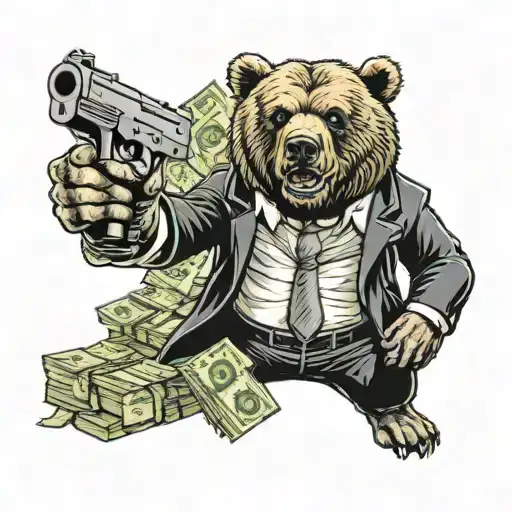 a tattoo of angry bear in black suit holding gun surrounded by money tattoo design idea