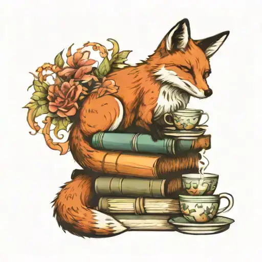 A whimsical fox sitting on a stack of books, surrounded by tea cups and steam, symbolizing relaxation and reading tattoo design idea