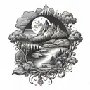 Nature scene, Central elements include a mountain range, trees, and a river or lake. Incorporate sun or moon add depth tattoo design idea