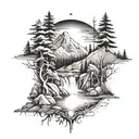 Nature scene, Central elements include a mountain range, trees, and a river or lake. Incorporate sun or moon add depth tattoo design idea