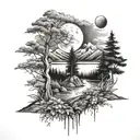 Nature scene, Central elements include a mountain range, trees, and a river or lake. Incorporate sun or moon add depth tattoo design idea
