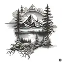 Nature scene, Central elements include a mountain range, trees, and a river or lake. Incorporate sun or moon add depth tattoo design idea