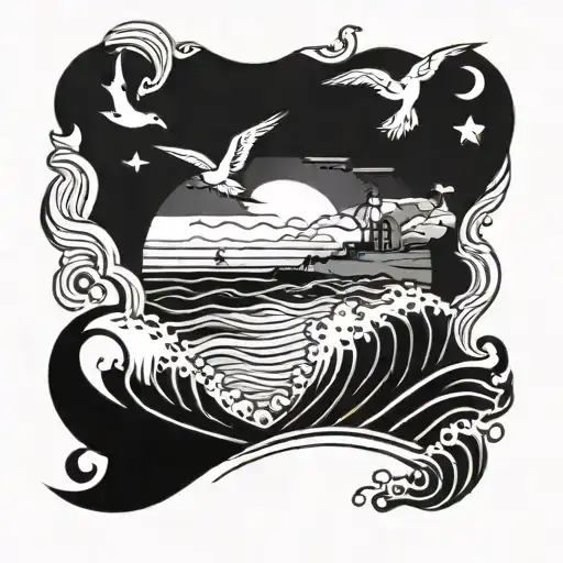 A blackwork tattoo featuring a paramedic symbol intertwined with a beach scene, with waves crashing against the shore and seagulls flying overhead tattoo design idea