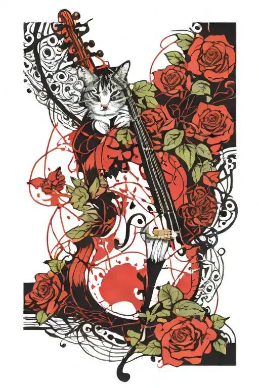 cello half sleeve with pothos vines and cats  tattoo design idea