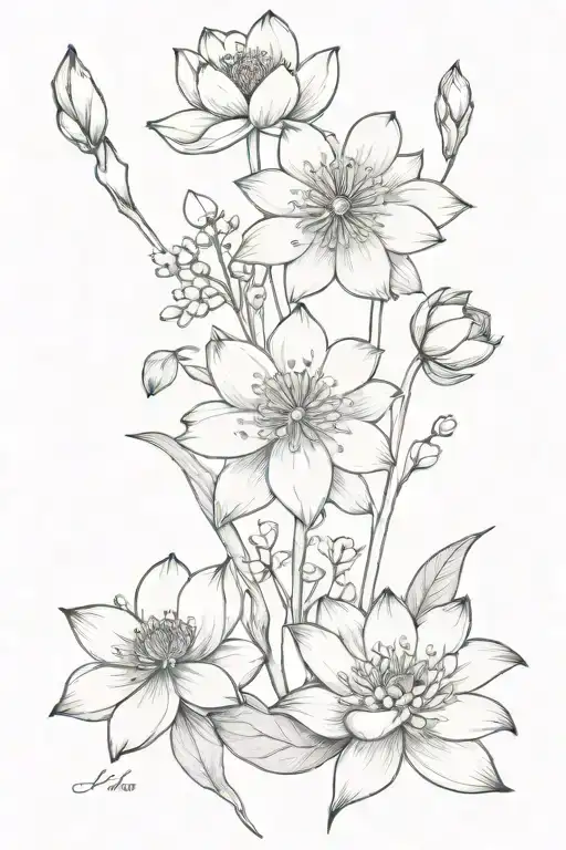 boutique of water lily, lily of the valley, poppy, and chrysanthemum  tattoo design idea