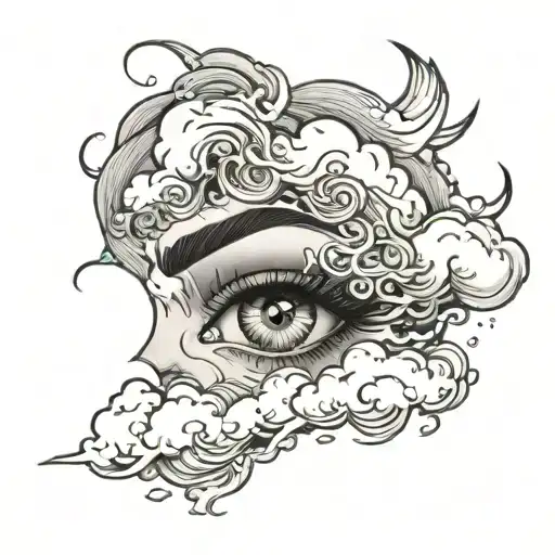 A woman's eyes are surrounded by clouds, and Zeus comes out of the clouds and lightning strikes. tattoo design idea
