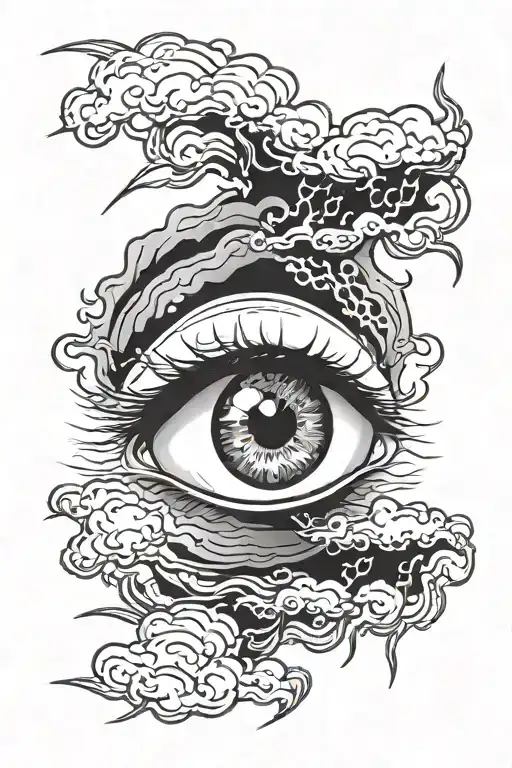 a women eye surrounded by clouds and lightnings  tattoo design idea