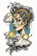 A woman's eyes are surrounded by clouds, and Zeus comes out of the clouds and lightning strikes. tattoo design idea