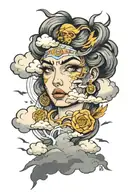 A woman's eyes are surrounded by clouds, and Zeus comes out of the clouds and lightning strikes. tattoo design idea
