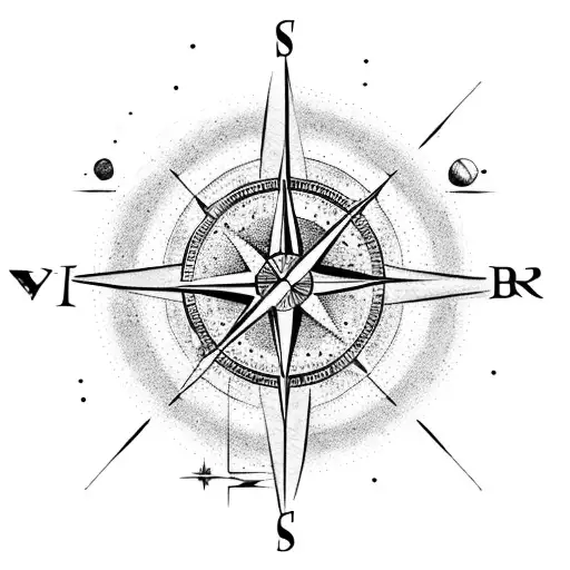 A compass arrow intertwined with a galaxy of planets and stars tattoo design idea