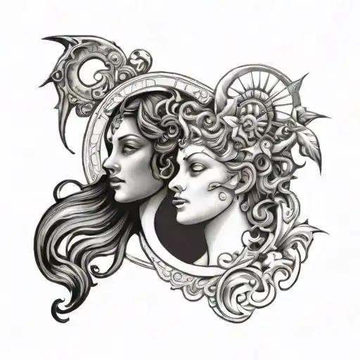 A sun and moon design incorporating Greek mythology elements like Apollo and Artemis tattoo design idea