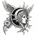 A sun and moon design incorporating Greek mythology elements like Apollo and Artemis tattoo design idea