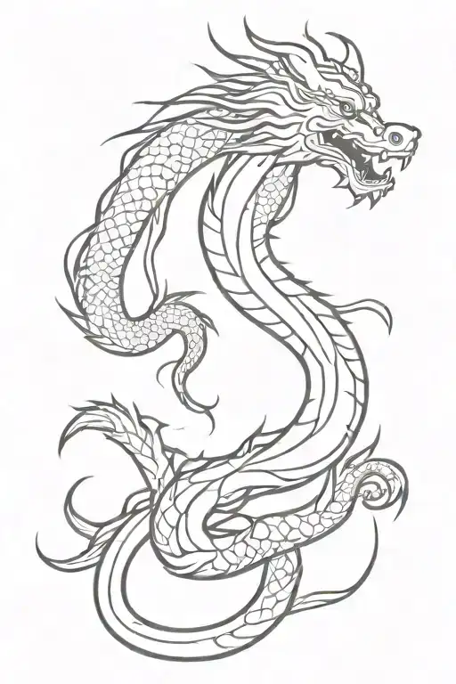 black and white, simple, drawing, Japanese dragon tattoo design idea