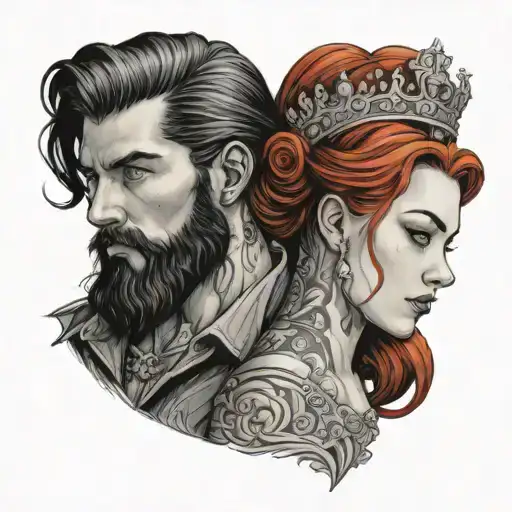 a handsome young bearded man with black hair accompanied by his red-haired princess tattoo design idea