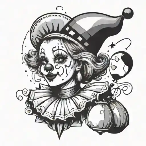 a cute clown woman with a blackpower anda pointy hat with a conformed face and holding a balloon tattoo design idea