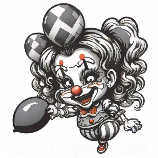 a cute chibi style clown woman with a blackpower and conformed expression holding a balloon tattoo design idea