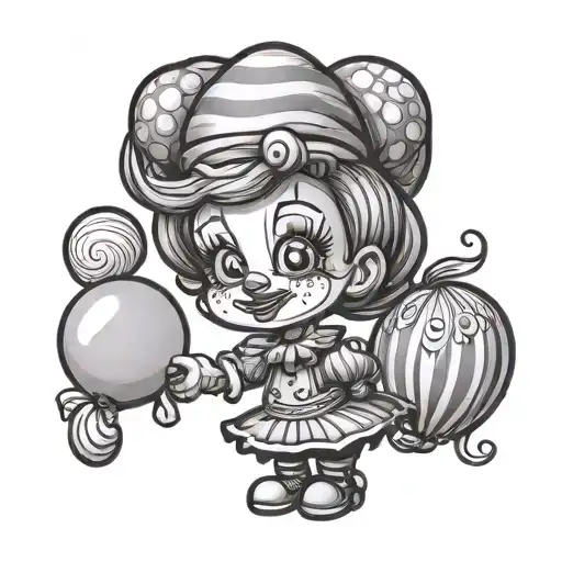 a cute chibi style clown woman with a conformed expression holding a balloon tattoo design idea