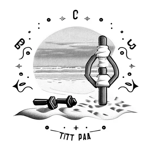 A blackwork design of a beach scene with a sunset and a dumbbell resting in the sand, combining the client's love for the gym and summer vibes tattoo design idea