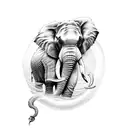 An elephant surrounded by vibrant esoteric symbols and alchemical elements, representing the pursuit of knowledge and transformation tattoo design idea