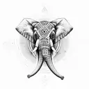 An elephant surrounded by vibrant esoteric symbols and alchemical elements, representing the pursuit of knowledge and transformation tattoo design idea