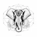 An elephant surrounded by vibrant esoteric symbols and alchemical elements, representing the pursuit of knowledge and transformation tattoo design idea