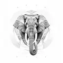 An elephant surrounded by vibrant esoteric symbols and alchemical elements, representing the pursuit of knowledge and transformation tattoo design idea