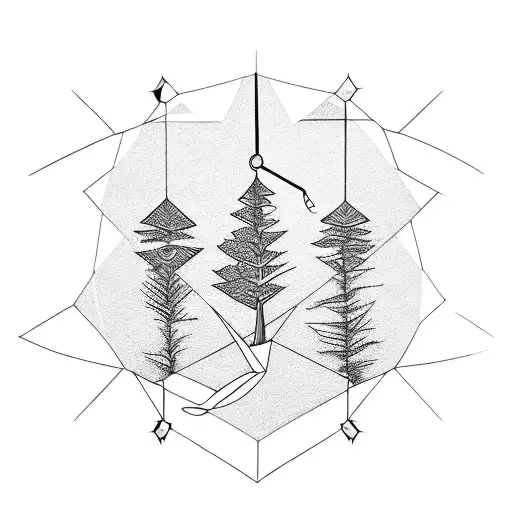 Long simple Line work tattoo for thigh, geometric shapes (triangles, squares, diamonds), trees, “fishing hook”, “strawbe tattoo design idea