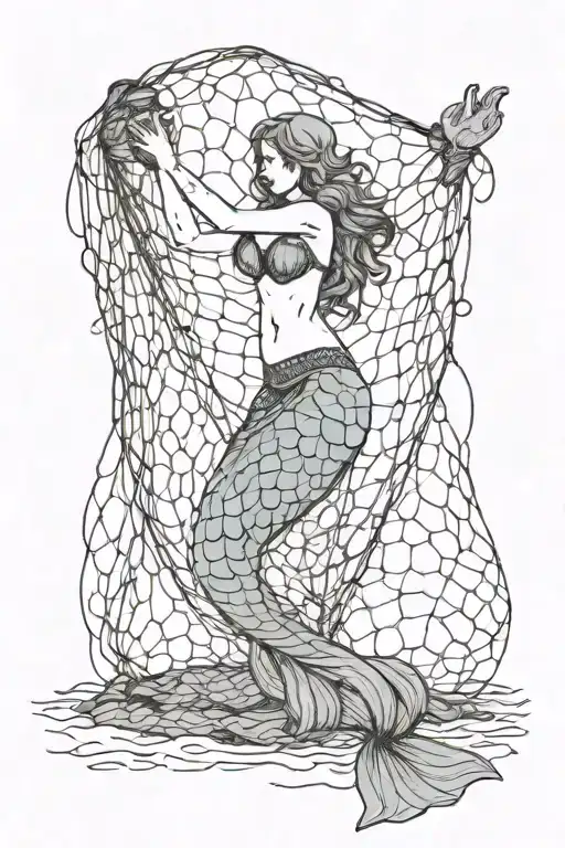 full body mermaid trapped in fishing net trying to escape the fishing net  tattoo design idea