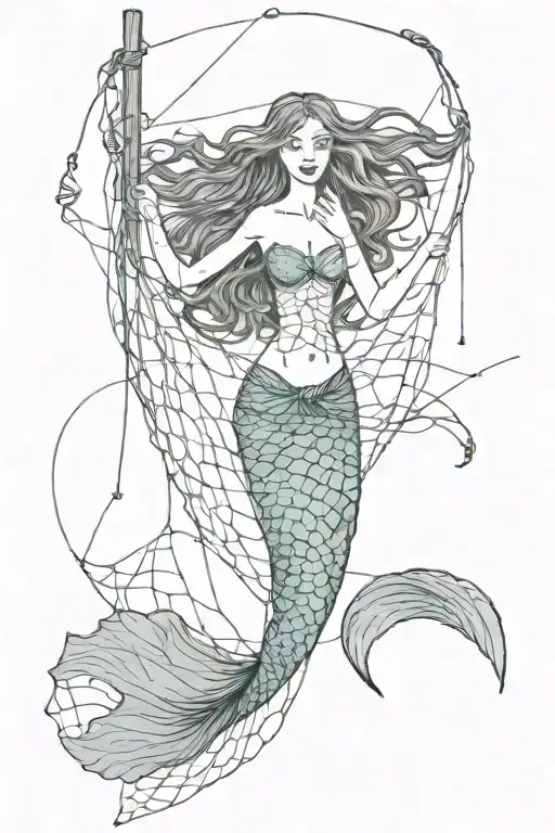 full body mermaid caught in fishing net trying to escape  tattoo design idea