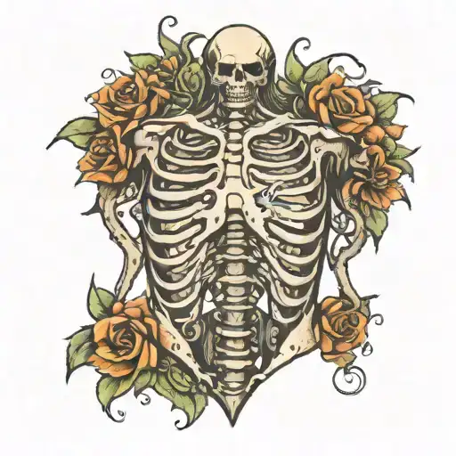 back tattoo, ribs, inside the ribs a hart with a  flower burning tattoo design idea