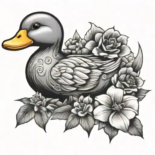 a rosie the riviter rubber duck surrounded by hawaiin flowers  tattoo design idea