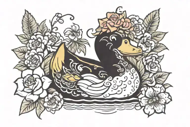 a punk rock inspired rosie the riviter rubber duck surrounded by hawaiin flowers  tattoo design idea