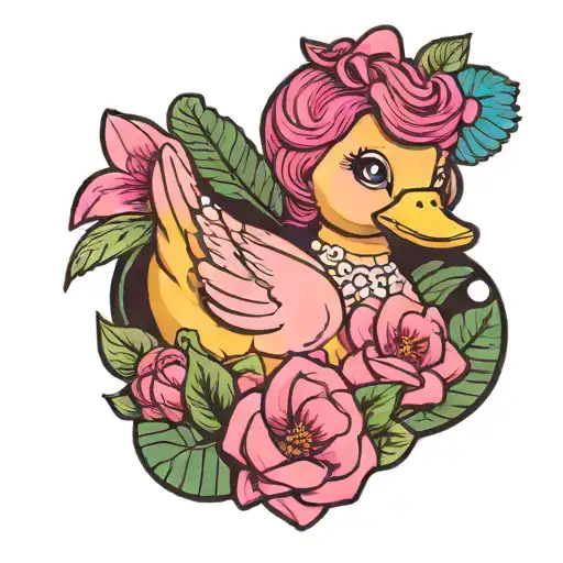 a rosie the riveter rubber duck with pink hair surrounded by hawaiin flowers  tattoo design idea