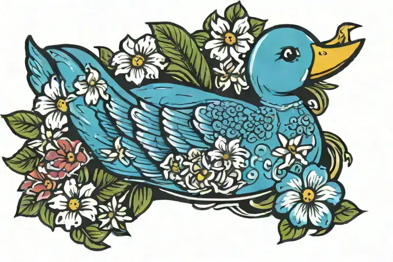 a rosie the riviter rubber duck surrounded by hawaiin flowers  tattoo design idea