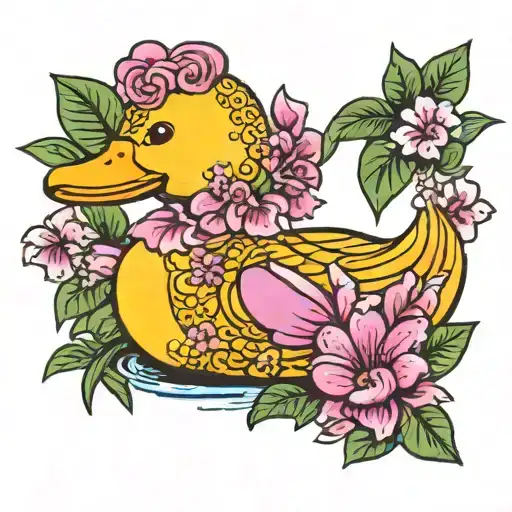 a rosie the riviter style yellow rubber duck surrounded by hawaiian flowers. The duck has a pink undercut hairstyle  tattoo design idea