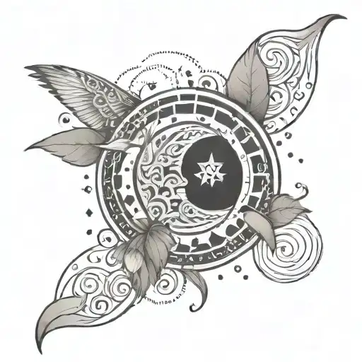 A nature-themed sleeve tattoo featuring patterns inspired by Mexican street art, with celestial elements scattered throughout tattoo design idea