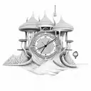 outlines of dezert dunes,uk country side,maldives beach waves plus a clock and brunuing candle with a stair leading to d tattoo design idea