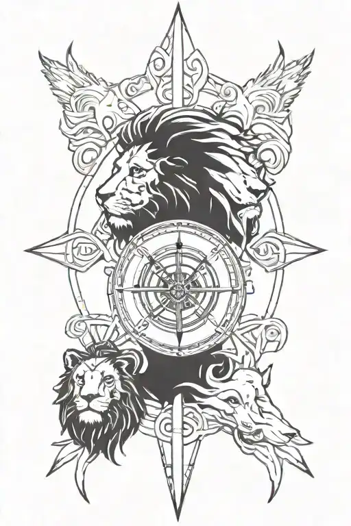 lion head with three cubs in the background a viking compass tattoo design idea