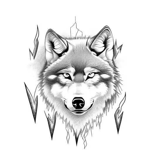 Japanese style leg tattoo featuring a majestic wolf surrounded by lightning bolts tattoo design idea