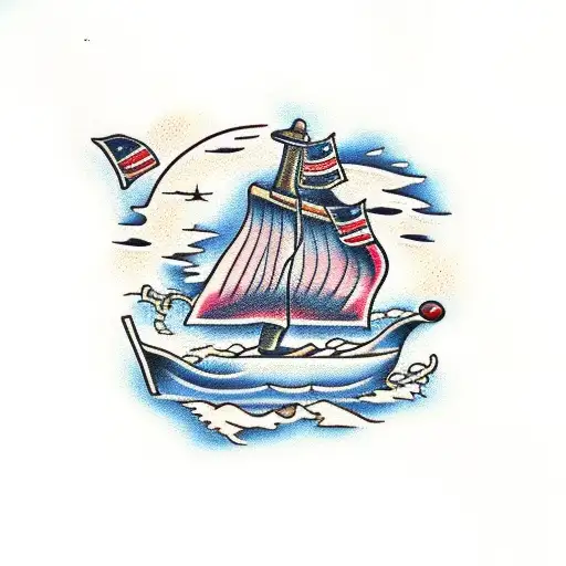 burning boat on the ocean tattoo design idea