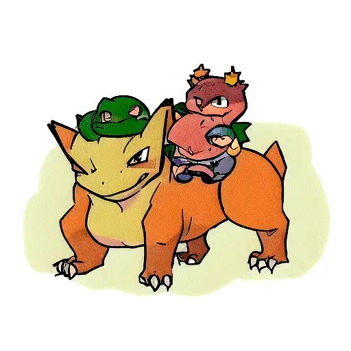Proud charizard father looking down on adopted bulbasaur son. Bulbasaur son is wearing a charizard costume tattoo design idea