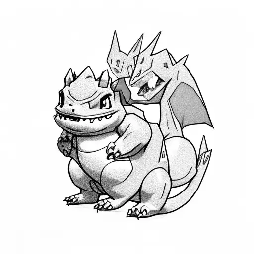 Proud charizard father looking down on adopted bulbasaur son. Bulbasaur son is wearing a charizard costume tattoo design idea