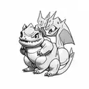 Proud charizard father looking down on adopted bulbasaur son. Bulbasaur son is wearing a charizard costume tattoo design idea