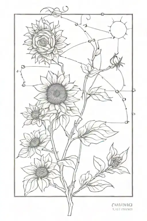 combine the elements of van Gogh's sunflower, orion the constellation and the greek word "Atomos" to create a black inke tattoo design idea
