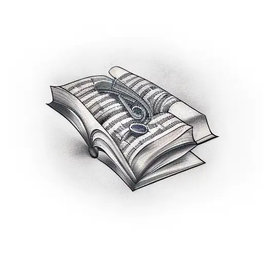 A realistic tattoo of a book with pages turning into musical notes, symbolizing the connection between literature and music tattoo design idea