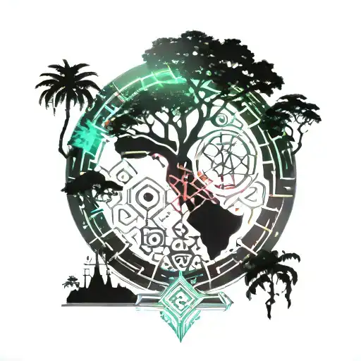 trees and african tribal cyber sigil tattoo design idea