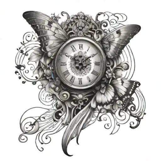 An elegant clock face with intricate butterfly wings as the hands, surrounded by musical notes tattoo design idea